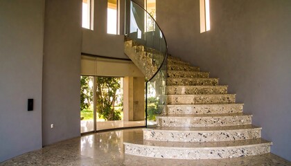 A spiral staircase with glass railing leads to an upper level in a modern home, showcasing a light beige and gray stone.