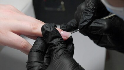 Close-up view of a manicurist meticulously working on a customer's nail, using tools and black gloves.