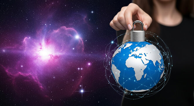 Hand placing padlock on digital globe against cosmic background, symbolizing global cybersecurity and data protection, showcasing digital security concept