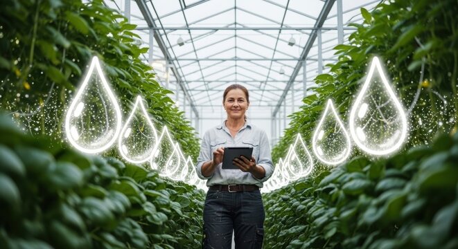 Caucasian female farmer using tablet in greenhouse with digital water droplet graphics