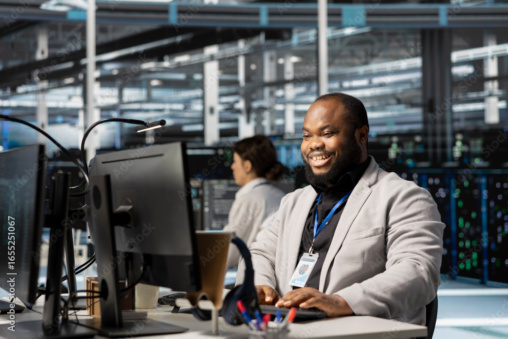 Aufkleber joyous server hub it specialist excited after successfully completing operations. happy african amer