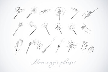 Magic wands and hand gestures with sparkles and stars in a clean vector doodle style on white background