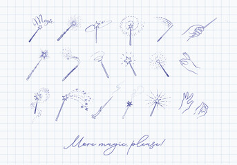 Magic wands and hand gestures with sparkles and stars in a clean vector doodle style on graph paper background. Blue pen sketch.