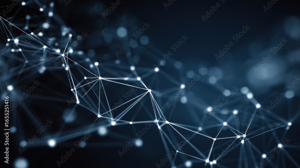 Poster a complex network of interconnected lines and luminous nodes against a dark background, highlighting