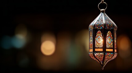 Close-Up of a Beautiful Ornate Islamic Lantern with Warm Glowing Light