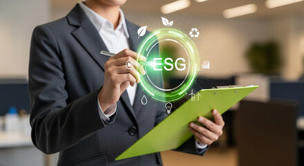 Businessperson interacts with a digital ESG interface, showcasing environmental, social, and governance concepts, representing corporate responsibility and sustainable business practices