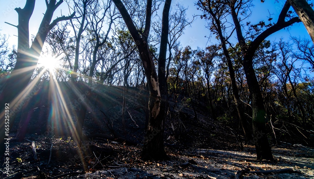 Poster sunlight streams through a forest ravaged by fire, illuminating the charred landscape.