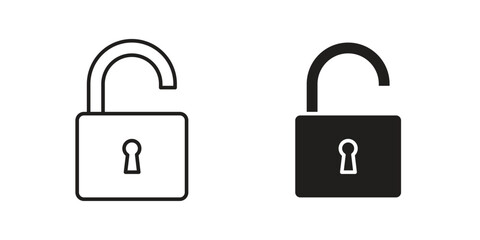 Open Padlock Icons in Line and Solid Styles, Isolated on White Background