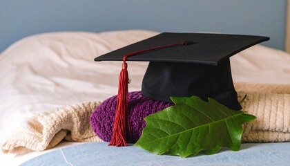 A graduation cap rests atop a bed, accompanied by a leaf and a soft blanket, signifying a new chapter.