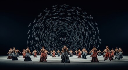 Diverse group dance performance with stunning drone light display in circular formation
