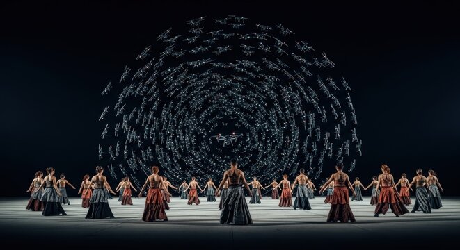 Diverse group dance performance with stunning drone light display in circular formation