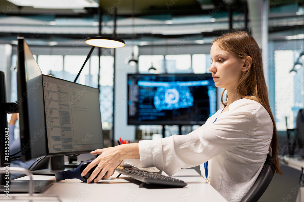 Poster junior dev speeding up tasks by following ai language model suggestions in office. young woman relyi