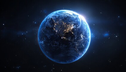 Fototapeta premium A blue Earth with glowing lights on it, centered in the frame against a black background, surrounded by stars and space, in a cinematic style