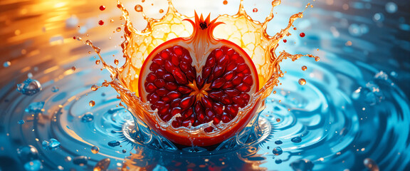 Half Red Pomegranate with Blue Water Ripples and Juice Splash &ndash; Freshness and Vitality Concept
