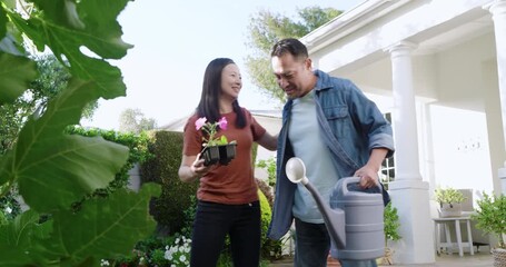 Asian couple gardening outdoors in backyard, handling gray watering can among blooming flowers - Powered by Adobe