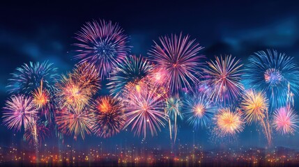 Obraz premium Bright fireworks burst in vibrant colors over a city skyline, creating a stunning display against the night sky. This celebration showcases the joy of the occasion.