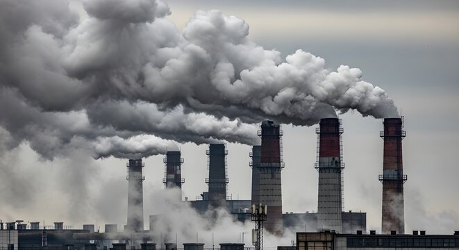 Industrial factory chimneys emitting smoke and air pollutants.