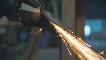 Close-up of a metal grinding wheel generating sparks during metalwork in a workshop setting.