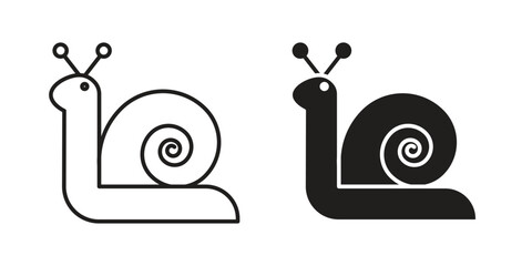 Snail Icons in Line Art and Solid Styles, Isolated on White Background