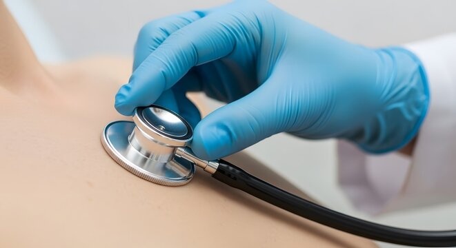 Doctor in gloves listens to patient's chest with stethoscope. - Powered by Adobe