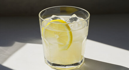 A glass of lemonade with ice and a lemon slice