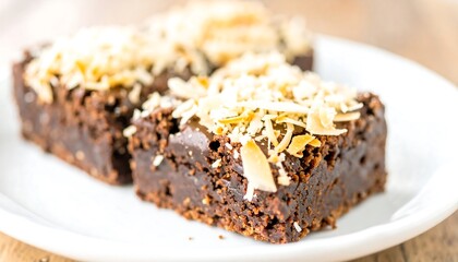 Close-up view of two squares of chocolate brownies topped with shredded coconut.