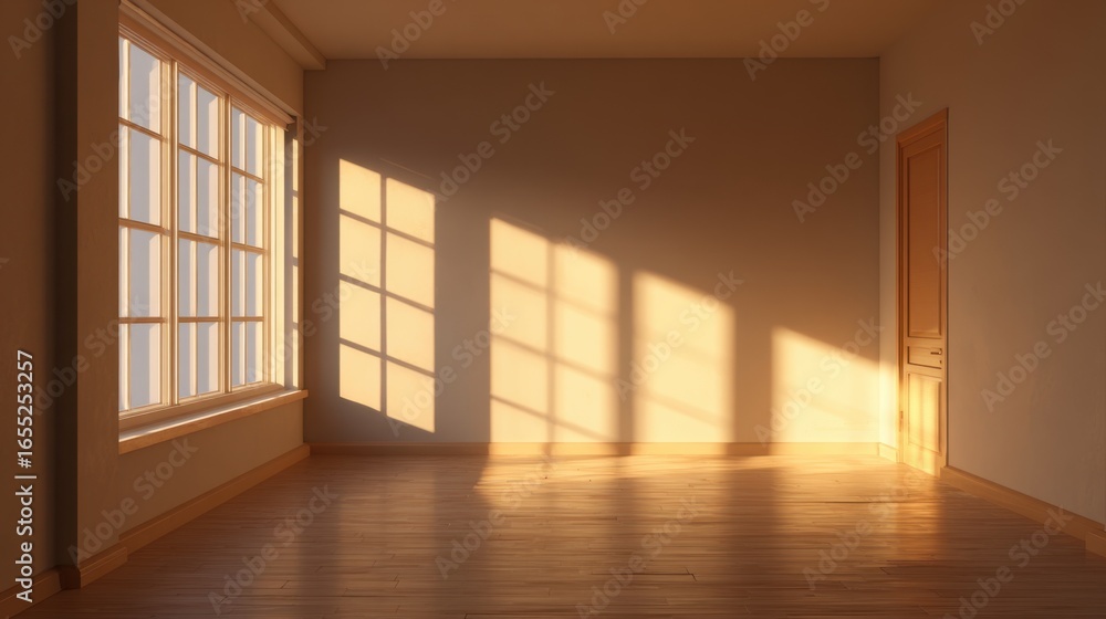 Poster sunlight filters through large windows, illuminating the empty room with warm tones. long shadows st