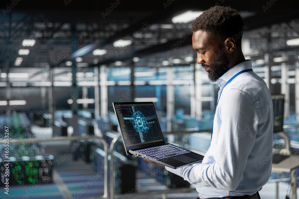 Poster black male technician in data center using laptop for neural network llm visualization monitoring. d