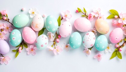 Pastel-colored decorated Easter eggs arranged with delicate cherry blossoms on a light gray background, showcasing a cheerful and spring-like aesthetic.