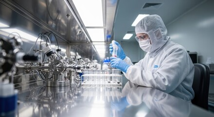 Caucasian male scientist in protective gear conducting lab research on test tubes