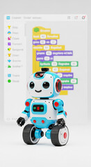 Friendly blue and white robot toy on white background, showcased against blurred coding interface, symbolizing STEM education and playful technology for kids
