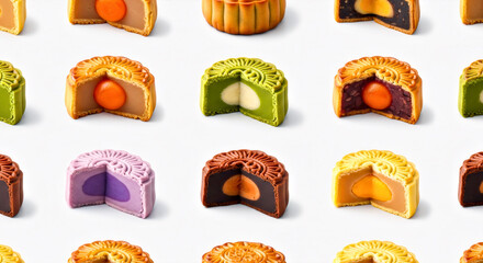 Seamless Pattern of Cut in Half Various   Mooncakes on Empty Clean White Surface 