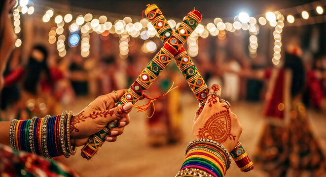Close Up of Woman's Hands Holding Dandiya Sticks,  Blurred Background with Bokeh and Dancers
