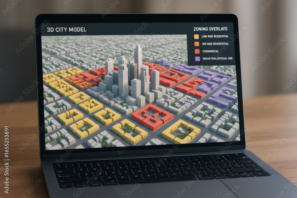 Poster modern urban planning software running on a laptop, showing a 3d city model with color coded zoning 