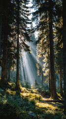 Urban landscape blending with forest, beams of light shining through trees, symbolizing connection between city and nature, harmony, sustainability, and modern environmental vision.