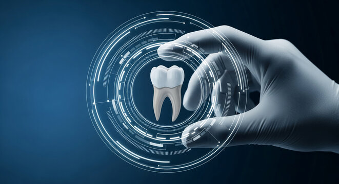 Gloved hand interacts with digital interface showcasing a tooth, representing advanced dental technology and digital diagnostics for healthcare - Powered by Adobe
