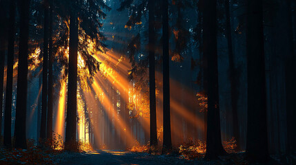 Urban landscape blending with forest, beams of light shining through trees, symbolizing connection between city and nature, harmony, sustainability, and modern environmental vision.