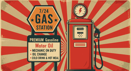 Retro poster design template for gas station. Retro poster design for gas pump. Gas station, motor oil and gasoline. Multilayer SVG file without gaps between paths.