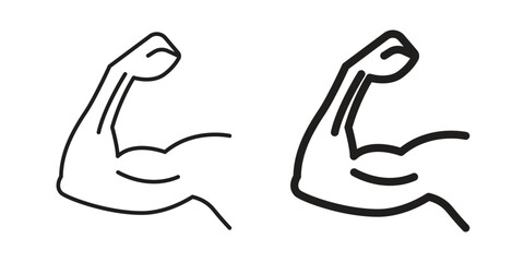 Biceps Icons in Flexed Pose with Line Art Style, Isolated on White Background