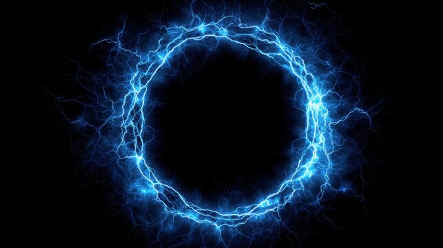 Bright electric blue energy forms a circular shape, surrounded by intense lightning effects, creating a striking visual contrast against a black backdrop. This dynamic display evokes a sense of power.