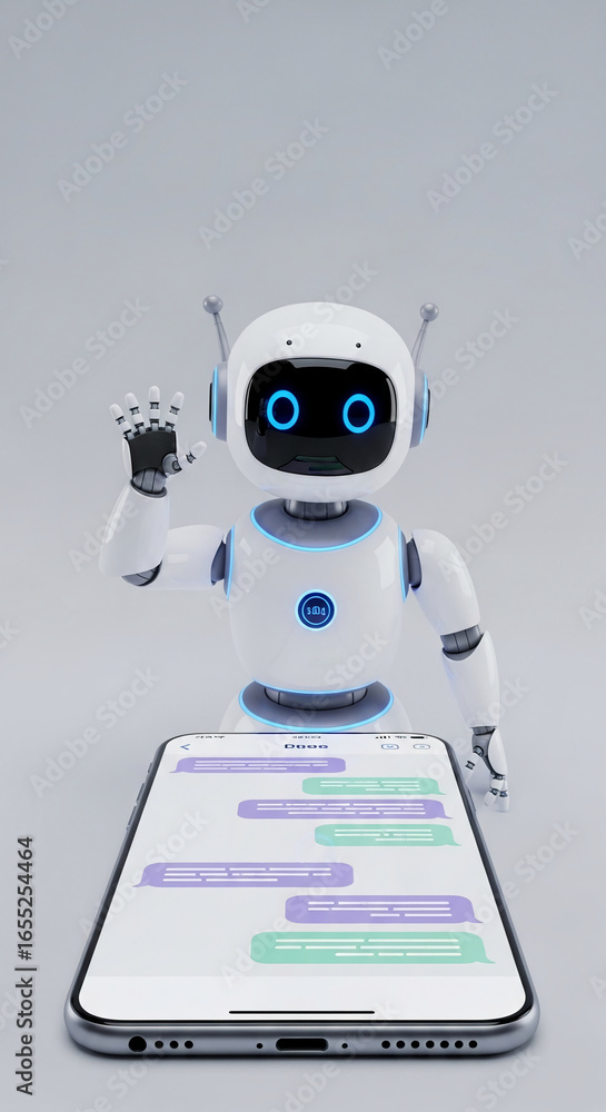 Poster white robot with blue accents interacts with smartphone displaying chat messages, symbolizing ai, cu