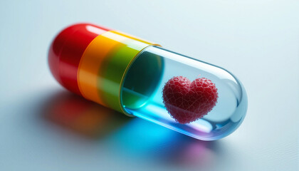 Red Miniature Heart in a Capsule &ndash; Transparent & Opaque Design with Rainbow Stripes