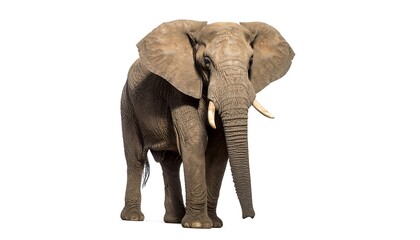 Full view of a large, robust African elephant, standing powerfully against a plain white background.