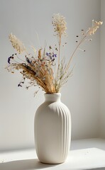 Sunlit Still Life of Dried Wildflowers in a Textured White Ceramic Vase.
