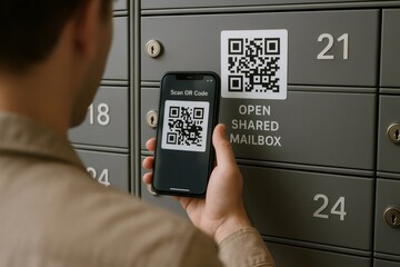 Man holding a smartphone, scanning a QR code to access a shared mailbox compartment, showcasing modern technology in communication