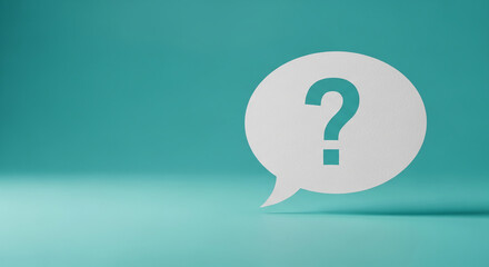 White speech bubble with question mark on teal background, suggesting inquiry, question, or uncertainty, ideal for FAQ pages or help sections