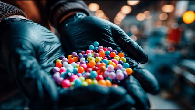 Closeup macro view of black gloves holding vibrant colorful plastic polymer granules. Represents raw material for injection molding, manufacturing, and recycling industries.