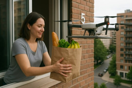 Modern grocery delivery using a drone, bringing fresh food directly to a customer's apartment window in an urban setting - Powered by Adobe