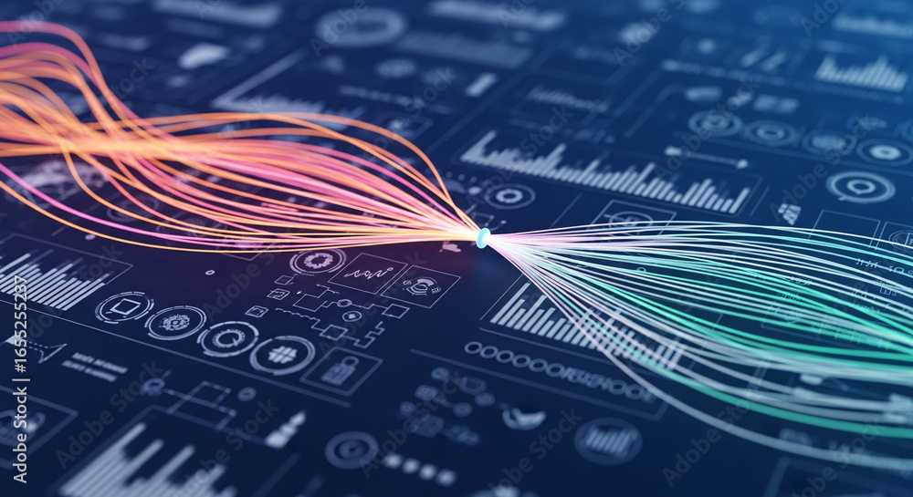 Poster abstract image of colorful data streams converging on a central point, displayed on a dark backgroun