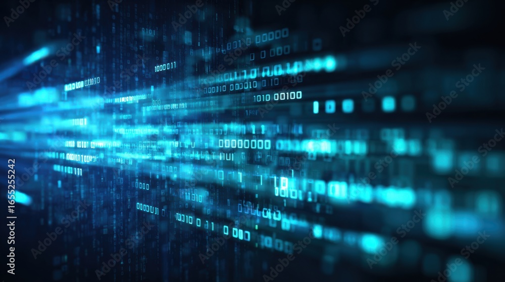 Poster glowing blue data streams move swiftly through a digital landscape, creating a vibrant, futuristic a